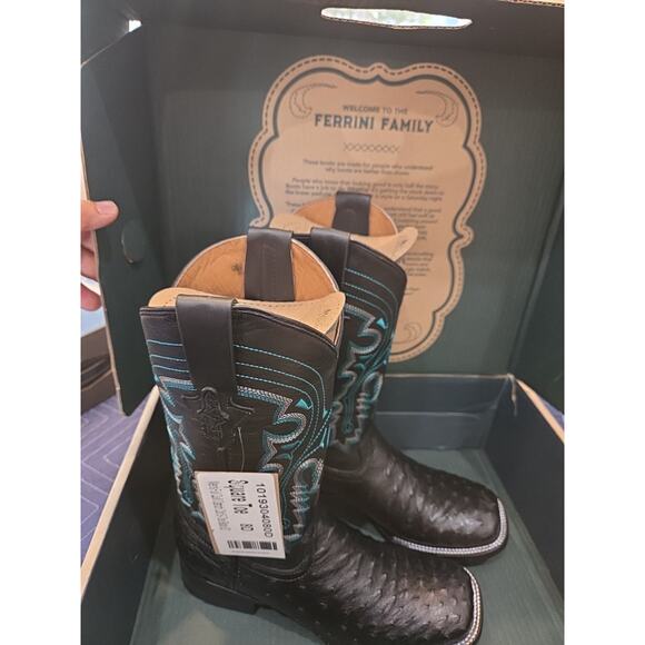 Ferrini mens cowboy Quail Ostrich Exotic Genuine Leather black square toe Boots